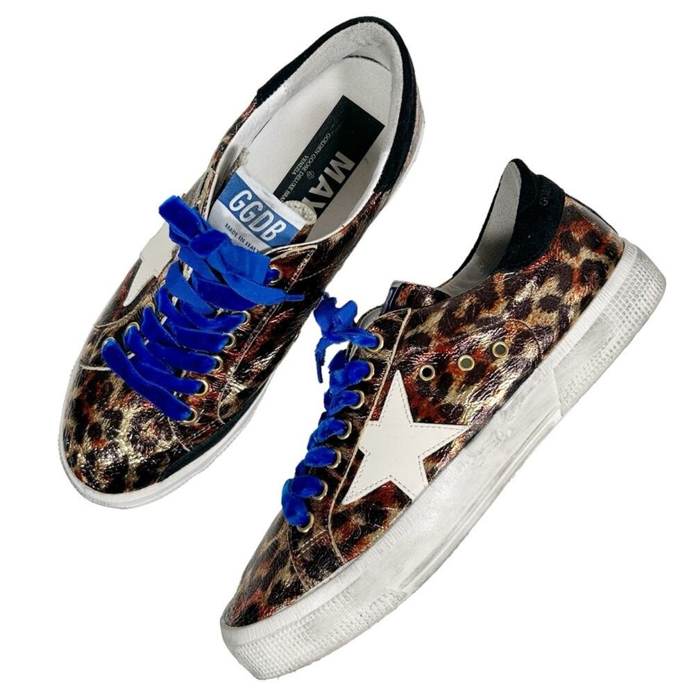 GOLDEN GOOSE May Sneaker in Leopard Laminated & Bluette Velvet Laces EU 39